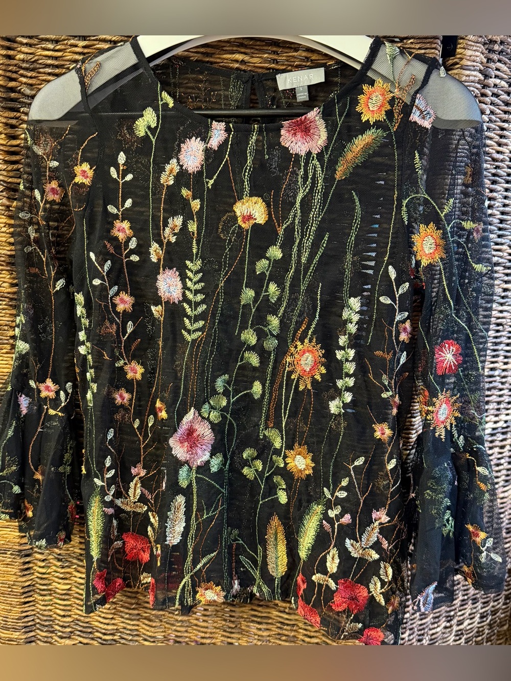 Kenar Black Sheer Top with Multicolor Floral Embroidery- Small